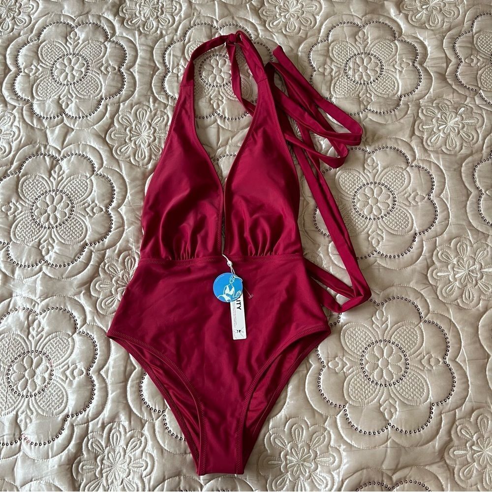 CUPSHE One Piece Swimsuit Deep V Neck Tie Waist Crisscross Back NEW Size Small - Picture 8 of 11